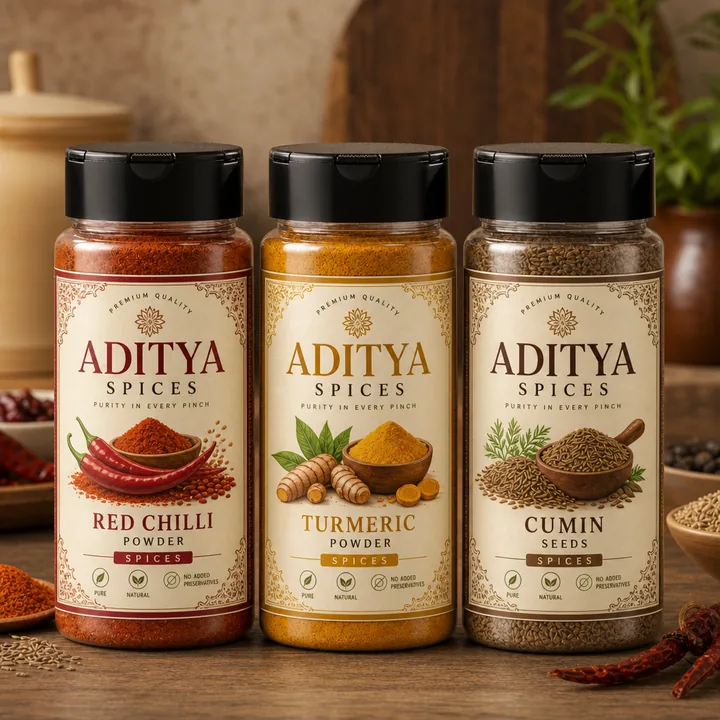 Spices Packaging for Aditya Spices - AI-generated packaging design concept