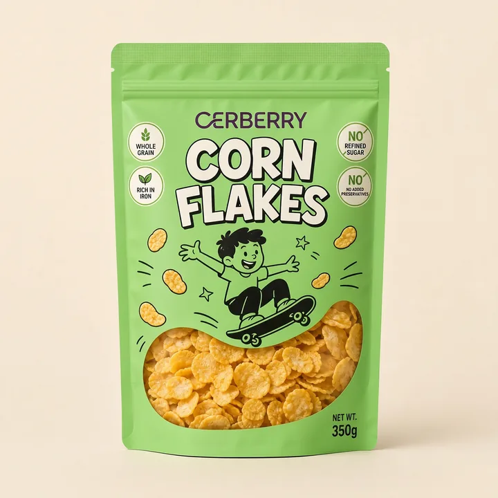 Corn Flakes Packaging for Cerberry - AI-generated packaging design concept