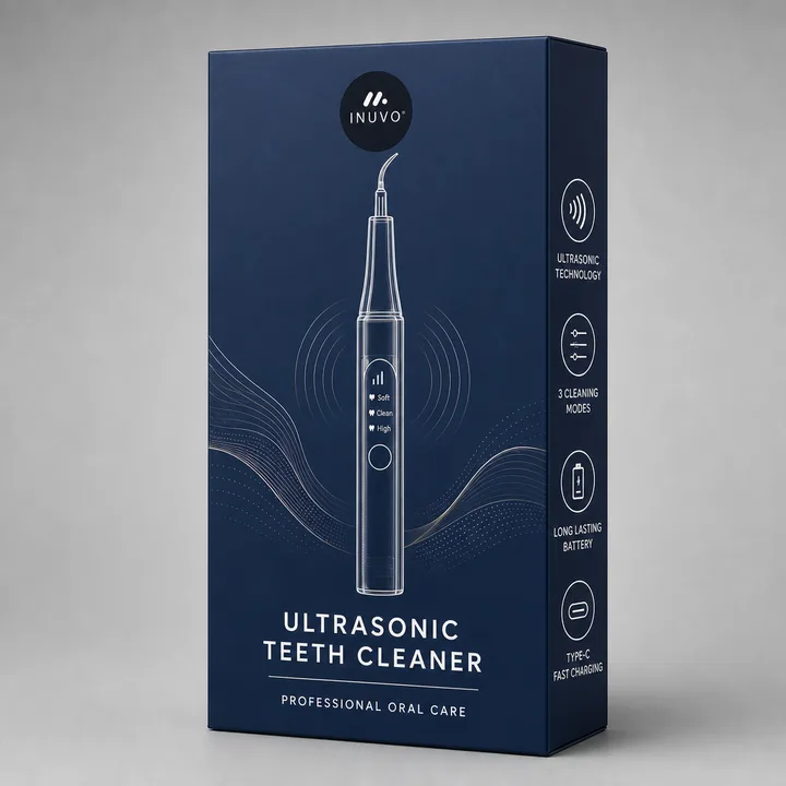 Ultrasonic Teeth Cleaner Packaging for Inuvo - AI-generated packaging design concept