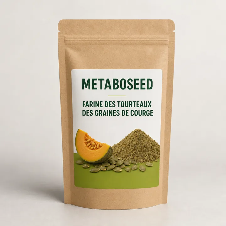 Farine Des Tourteaux Des Graines De Courge Packaging for MetaboSeed - AI-generated packaging design concept