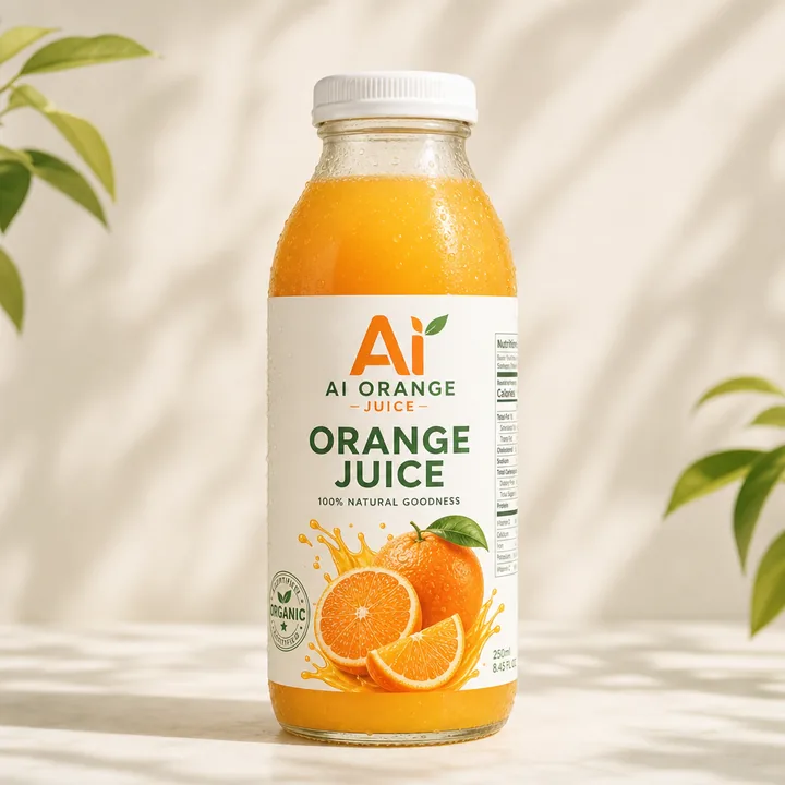 Juice Bottle Packaging for AI Orange Juice - AI-generated packaging design concept
