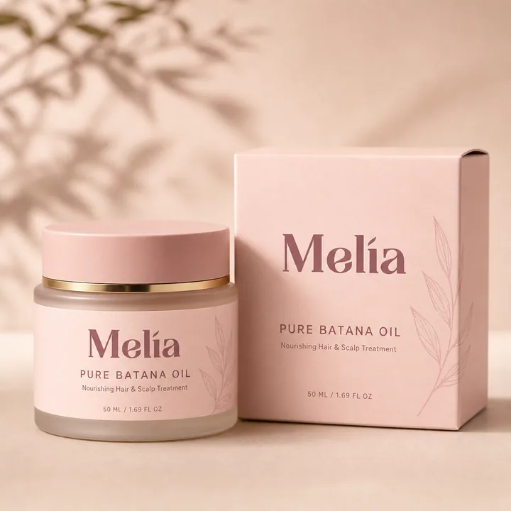 Pure Batana Oil Packaging for MELIA #1375 - AI-generated packaging design concept