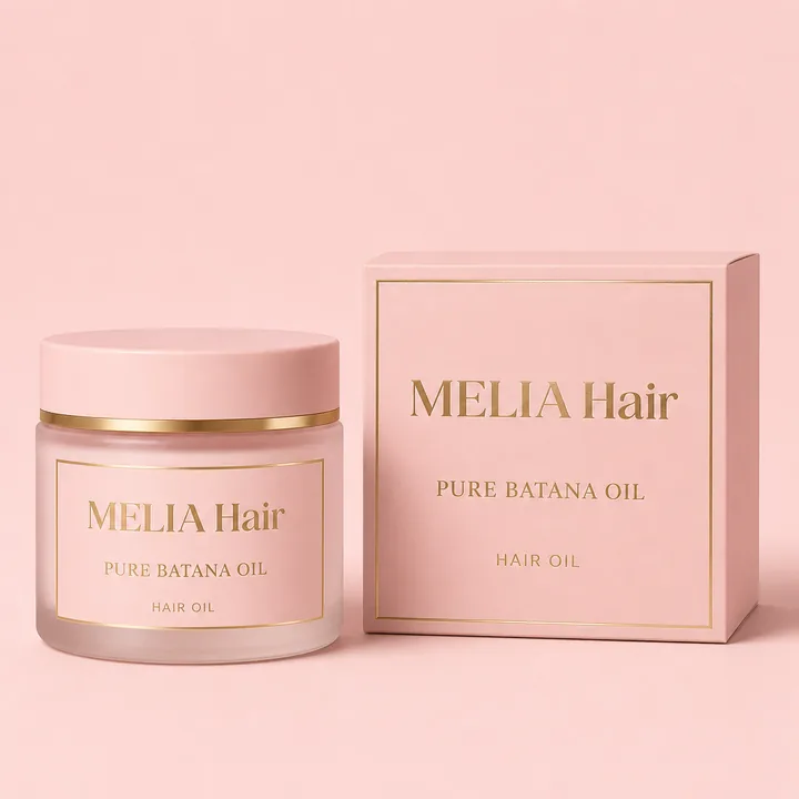 Pure Batana Oil Packaging for MELIA Hair - AI-generated packaging design concept