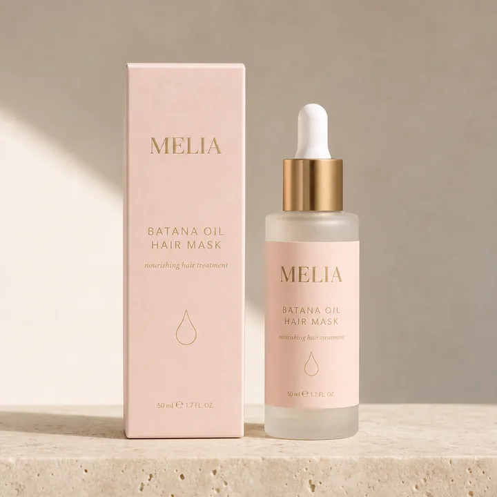Batana Oil Hair Mask Packaging for Melia - AI-generated packaging design concept
