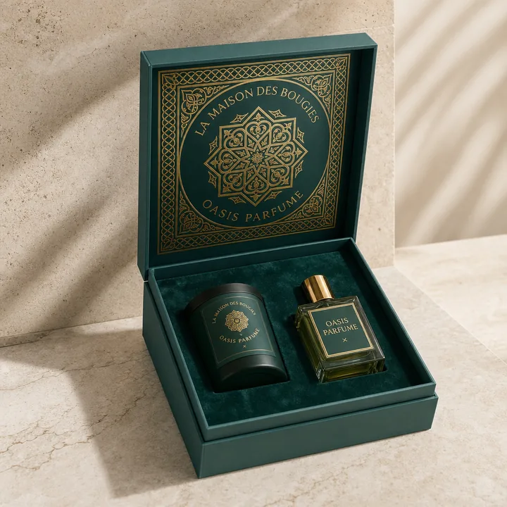 Luxury Candle And Perfume Collaboration Gift Set Packaging for La Maison Des Bougies × Oasis Parfume - AI-generated packaging design concept