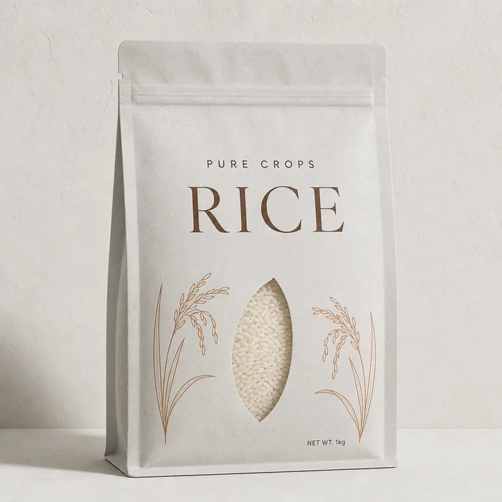 Rice Packaging for PURE CROPS - AI-generated packaging design concept