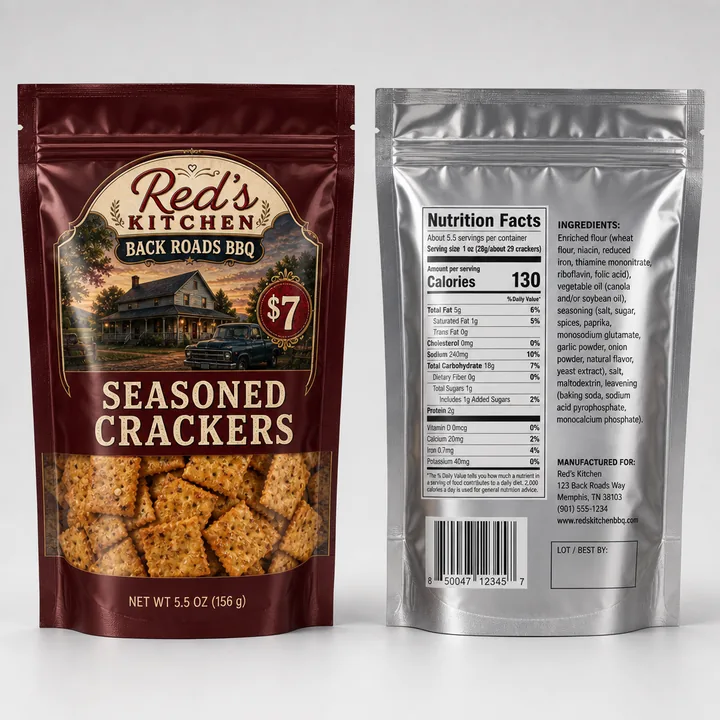 Seasoned Crackers Packaging for Red's Kitchen - AI-generated packaging design concept