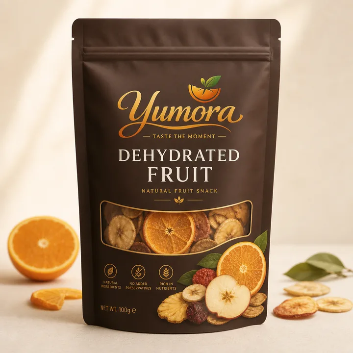 Dehydrated Fruit Packaging for Yumora - AI-generated packaging design concept