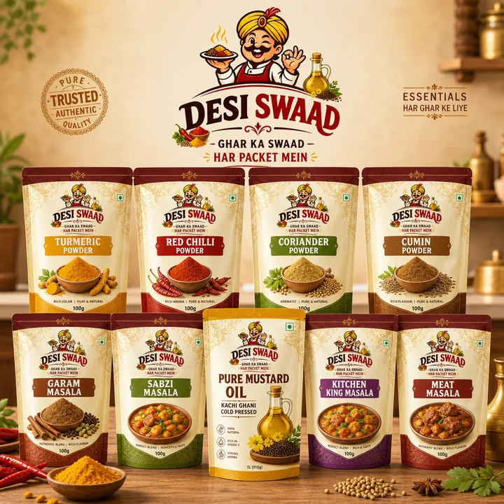All Masale And Edible Oil Packaging for Desi Swad - AI-generated packaging design concept