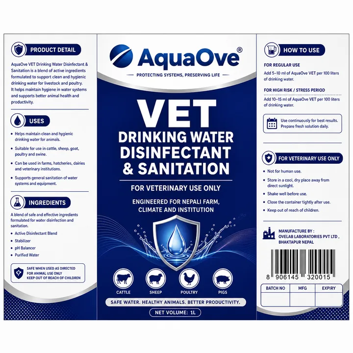 Vet Drinking Water Disinfectant And Sanitation Packaging for AquaOve - AI-generated packaging design concept