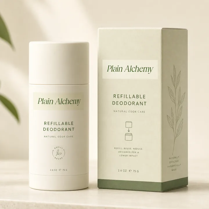 Refillable Deodorant Packaging for Plain Alchemy #1505 - AI-generated packaging design concept
