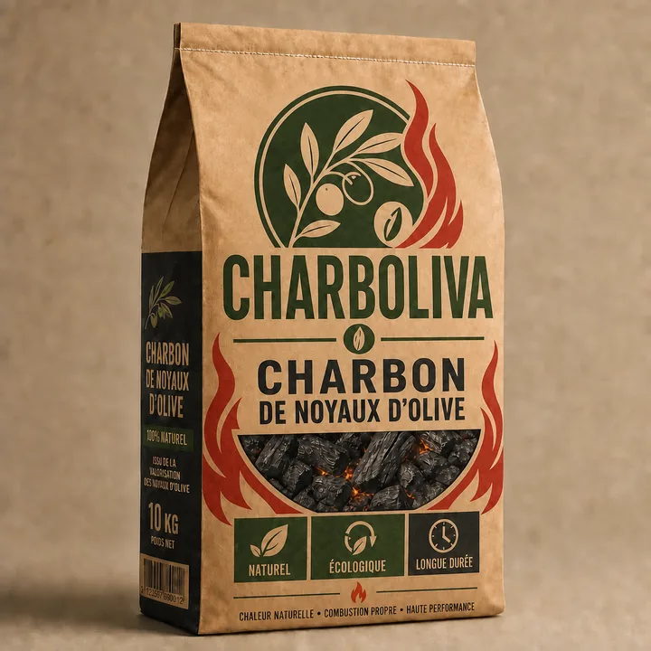 Charbon De Noyaux D'olive Packaging for CHARBOLIVACRAFT DE 10 KG - AI-generated packaging design concept