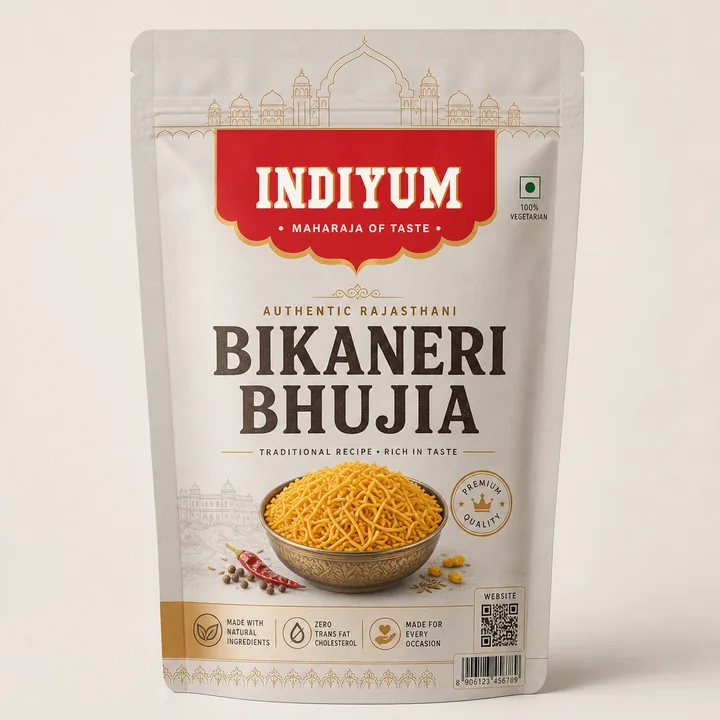 Bikaneri Bhujia Packaging for Indiyum - AI-generated packaging design concept