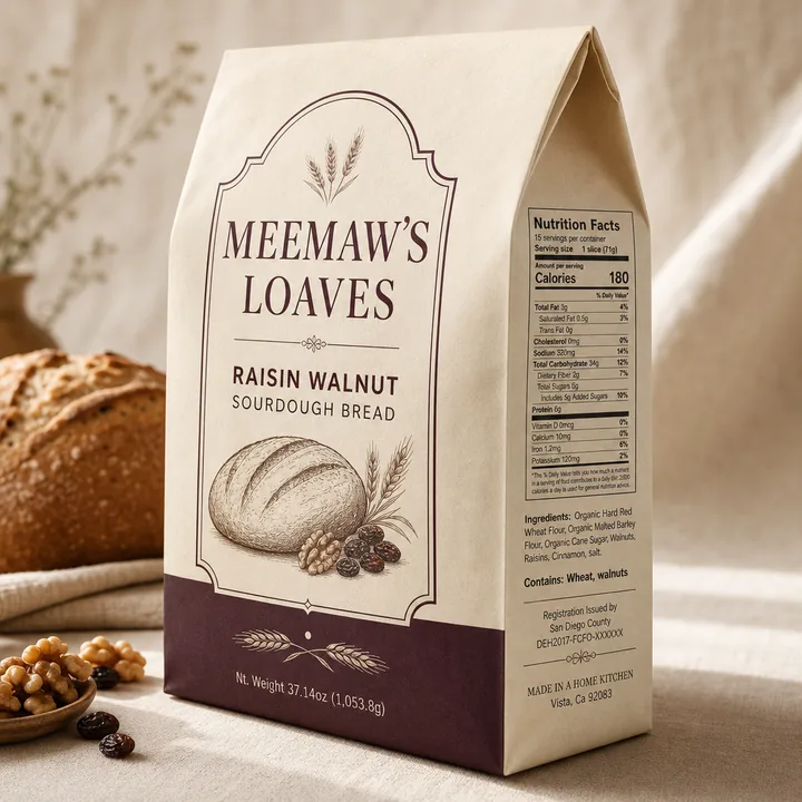 Raisin Walnut Sourdough Bread MADE IN A HOME KITCHEN Vista, Ca 92083 Packaging for Meemaw's Loaves - AI-generated packaging design concept