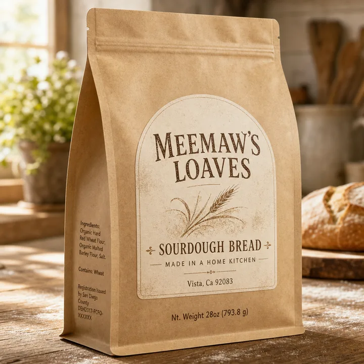 Sourdough Bread MADE IN A HOME KITCHEN Vista, Ca 92083 Nt. Weight 28oz (793.8 G) Packaging for Meemaw's Loaves - AI-generated packaging design concept