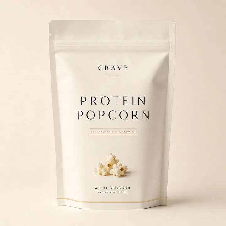 Protein Popcorn Packaging for Crave - AI-generated packaging design concept