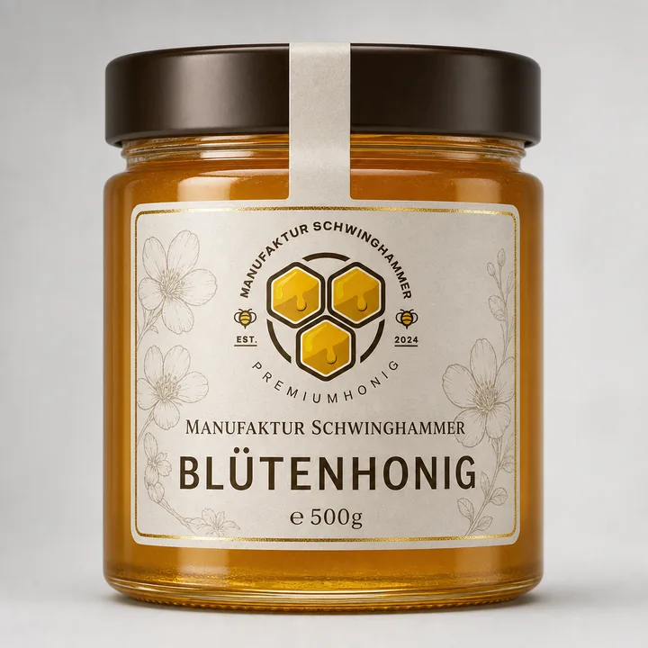 Blütenhonig Packaging for Manufaktur Schwinghammer - AI-generated packaging design concept