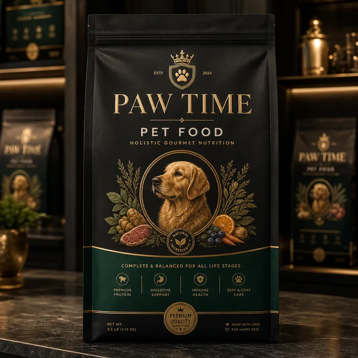 Paw Time Pet Food Packaging Design - AI-generated packaging design concept