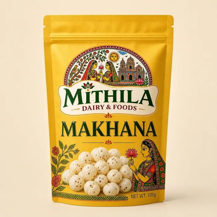 Makhana Packaging for Mithila Makhana - AI-generated packaging design concept