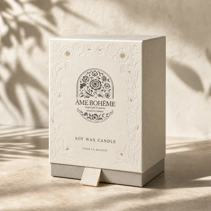 Soy Wax Candle Packaging for ÂME BOHÈME - AI-generated packaging design concept