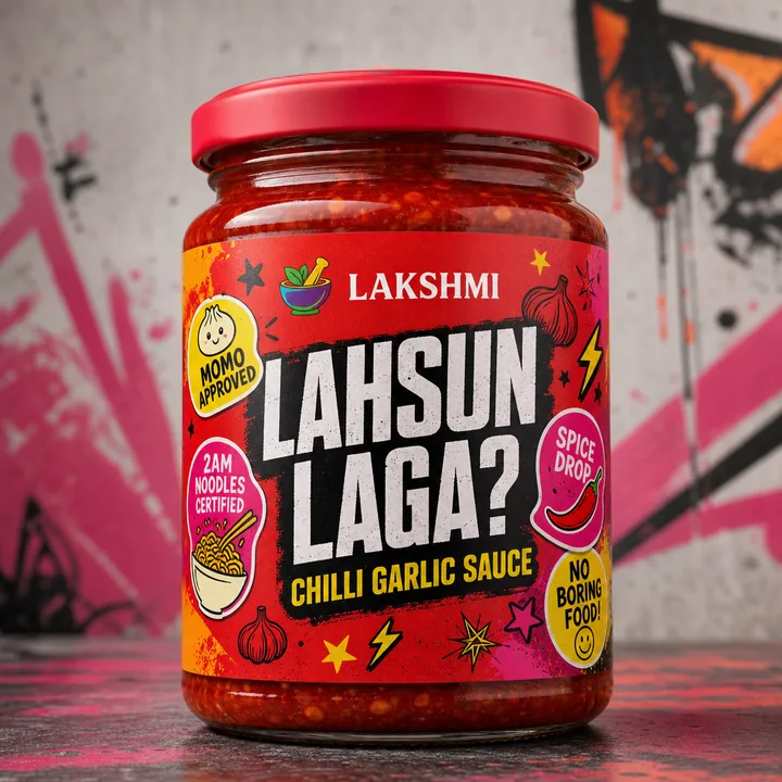 Chilli Garlic Sauce Packaging for Lakshmi - AI-generated packaging design concept