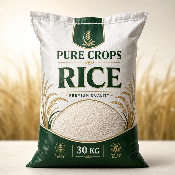 Rice Bag Packaging for PURE CROPS - AI-generated packaging design concept