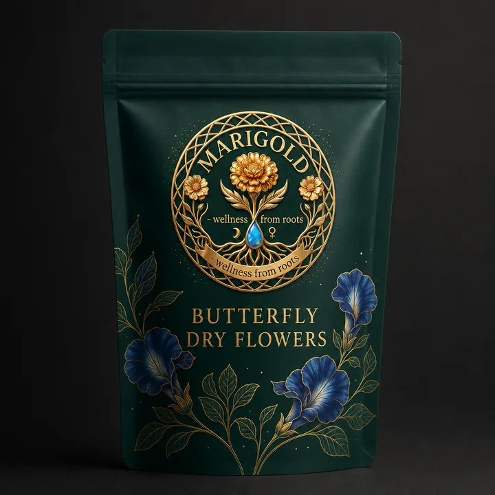 Butterfly Blue Pea Packaging for Marigold Wellness From Roots #1731 - AI-generated packaging design concept