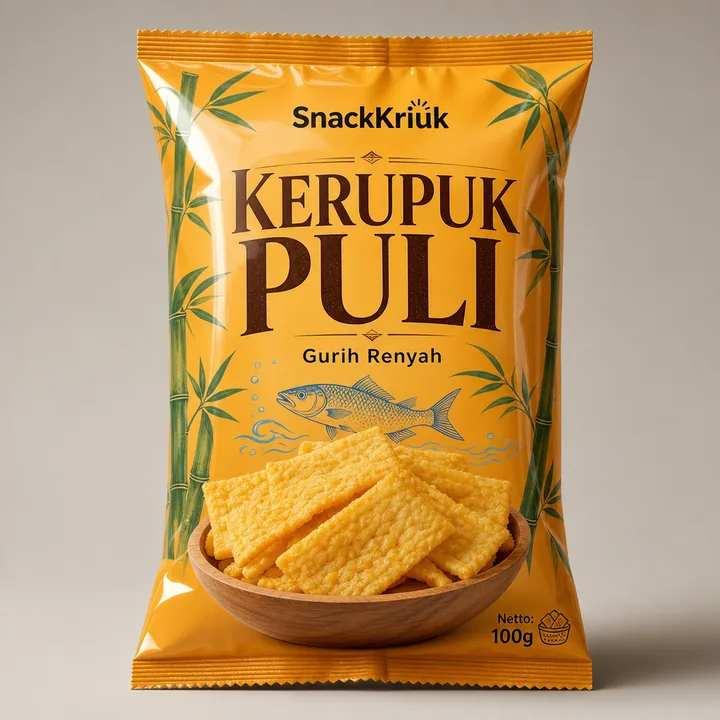 Kerupuk Puli Packaging for SnackKriuk - AI-generated packaging design concept