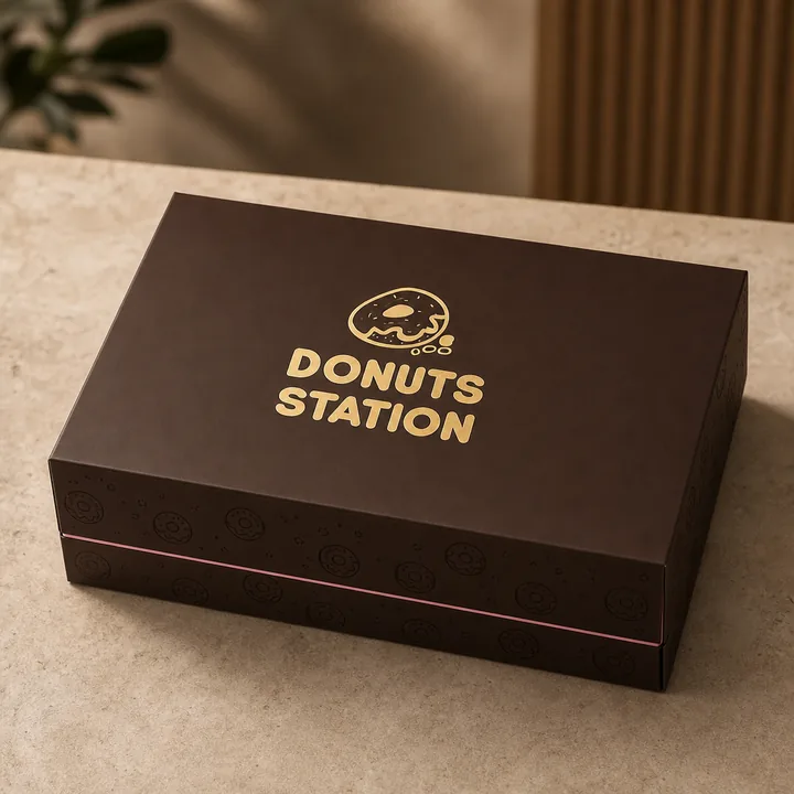 علبة تغليف 6 دونات Packaging for DONUTS STATION - AI-generated packaging design concept