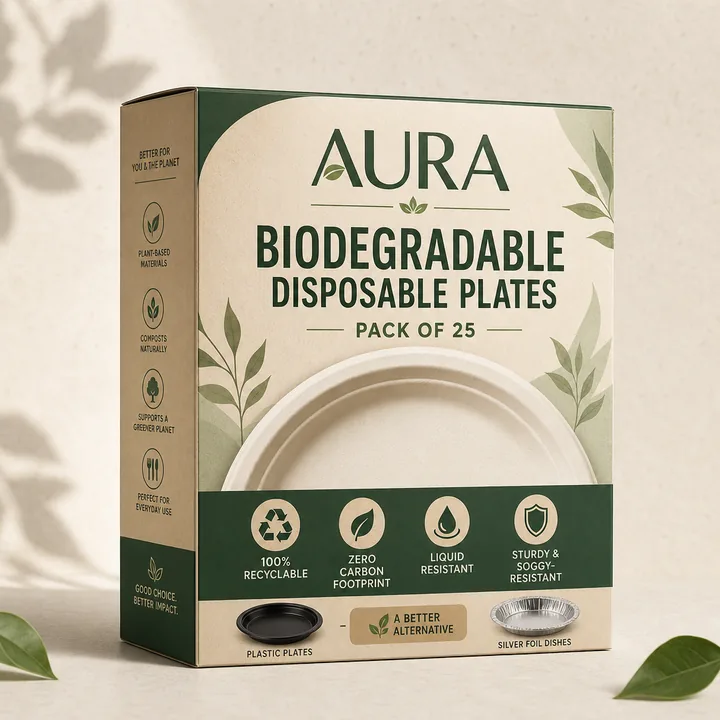 Biodegradable Disposable Plates Packaging for AURA - AI-generated packaging design concept