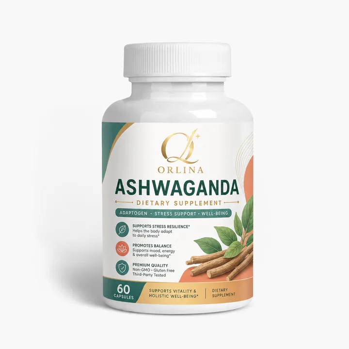 ASHWAGANDA Packaging for Orlina - AI-generated packaging design concept