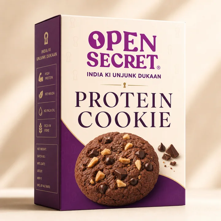 Protein Cookie Packaging for Open Secret | India Ki Unjunk Dukaan #1835 - AI-generated packaging design concept