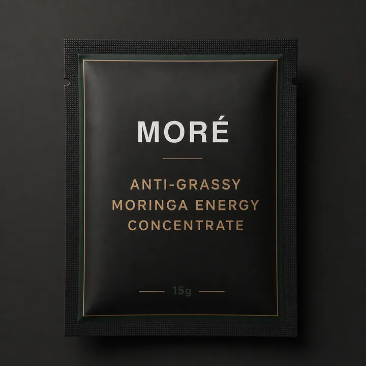 Anti-Grassy Moringa Energy Concentrate Packaging for MORÉ - AI-generated packaging design concept