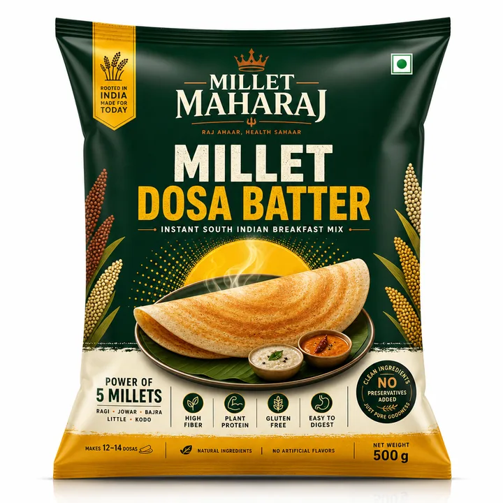 Millet Dosa Batter Packaging for Millet Maharaj - AI-generated packaging design concept