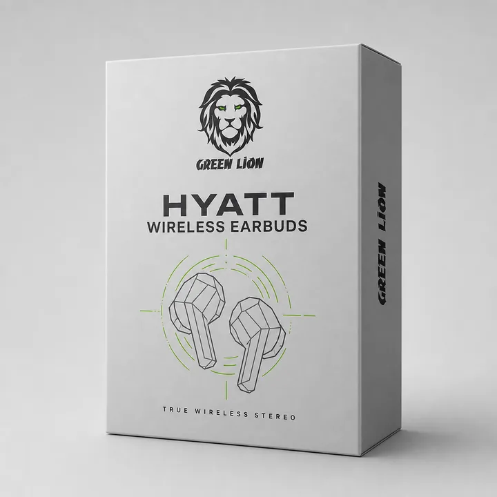 HYATT WIRELESS EARBUDS Packaging for Green Lion #1881 - AI-generated packaging design concept