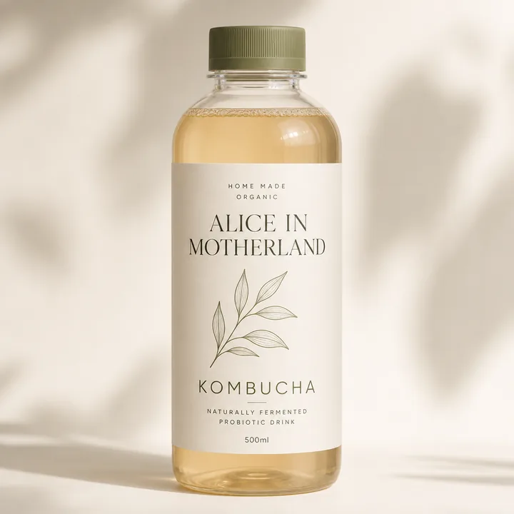 Kombucha Packaging for Alice In Motherland - AI-generated packaging design concept