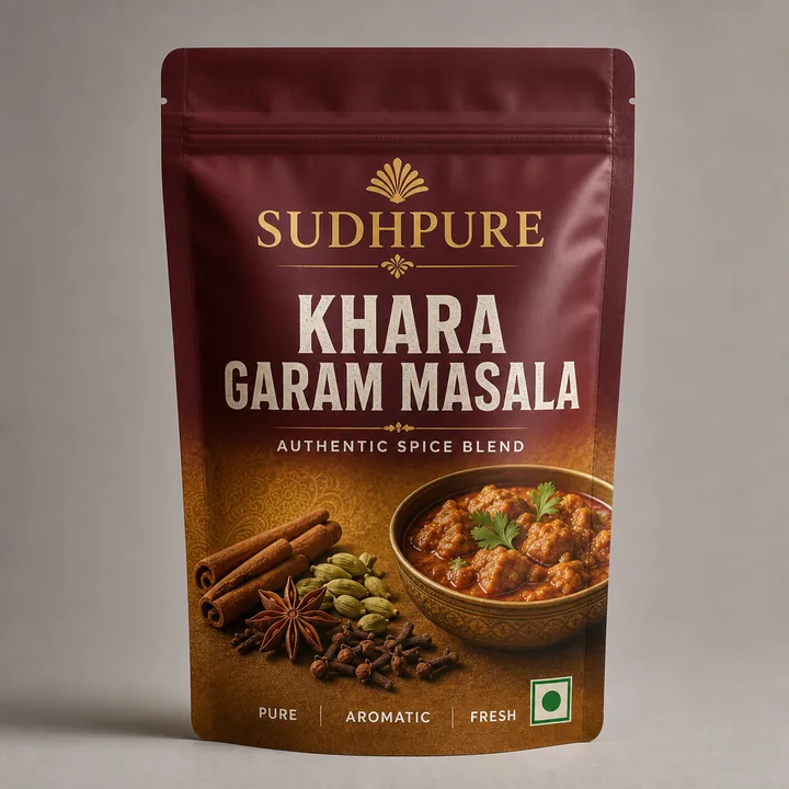 Khara Garam Masala Packaging for Sudhpure - AI-generated packaging design concept