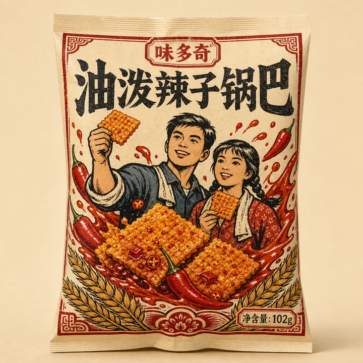 辣子锅巴 Packaging for 味多奇 - AI-generated packaging design concept