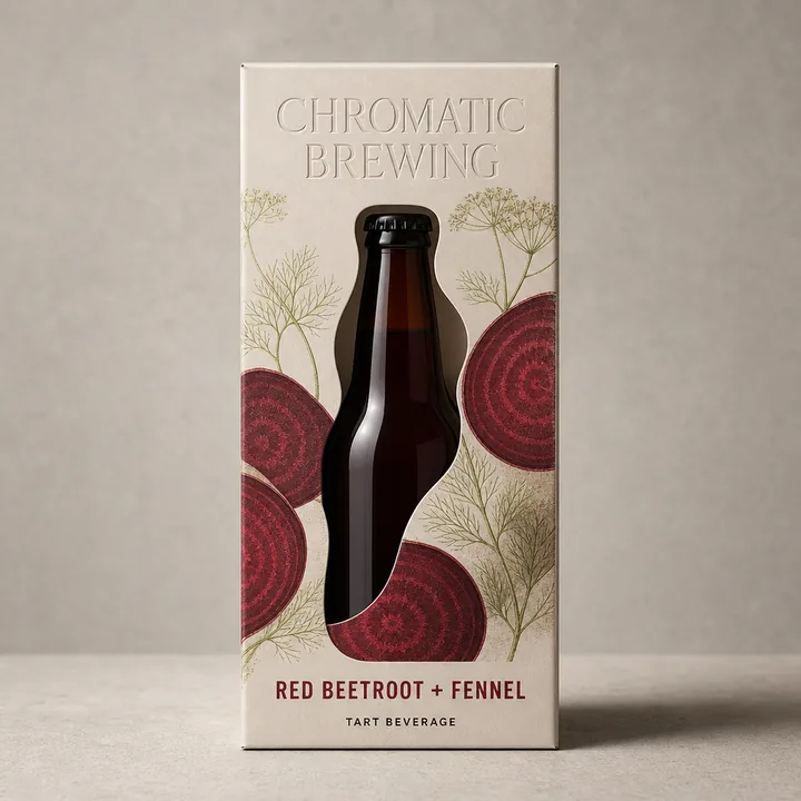 Red Beetroot + Fennel Tart Beverage Packaging for Chromatic Brewing - AI-generated packaging design concept