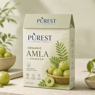 Organic Amla Powder Packaging for PUREST - AI-generated packaging design concept