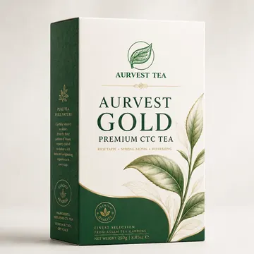 Aurvest Gold Premium CTC Tea Packaging for Aurvest Tea - AI-generated packaging design concept