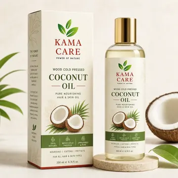 Wood Cold Pressed Coconut Oil Packaging for Kama Care - AI-generated packaging design concept