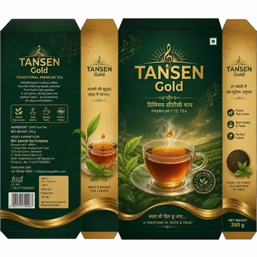 TEA(CHAI PATTI) Packaging for TANSEN GOLD - AI-generated packaging design concept