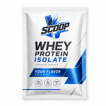 Whey Protein Isolate – Single Serve Sachet Packaging for SCOOP - AI-generated packaging design concept