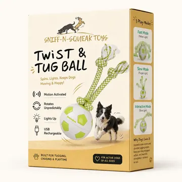 Twist And Tug Ball Packaging for Sniff-N-Squeak Toys - AI-generated packaging design concept