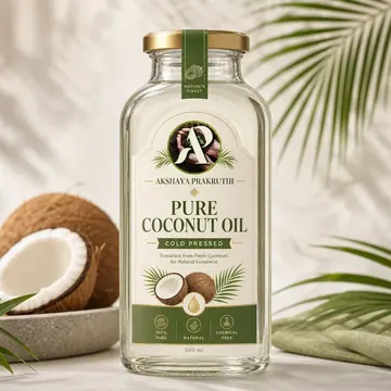 Pure Coconut Oil Packaging for Akshaya Prakruthi - AI-generated packaging design concept