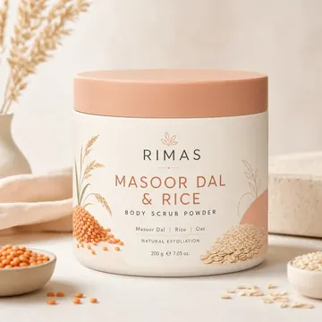 Masoor Dal & Rice Body Scrub Powder Packaging for Rimas - AI-generated packaging design concept
