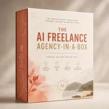 THE AI FREELANCE AGENCY-IN-A-BOX Packaging for The Complete Client Acquisition, Proposal, Delivery & Scaling System - AI-generated packaging design concept