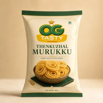 Thenkuzhal Murukku Packaging for OG Tasty Snacks & Sweets - AI-generated packaging design concept