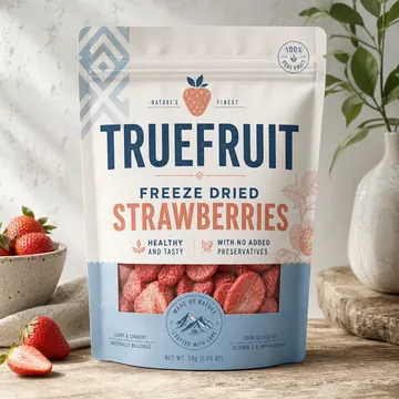 Freeze Dried Strawberries Packaging for TrueFruit - AI-generated packaging design concept